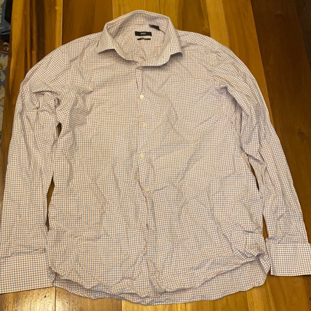 Hugo boss dress shirt white/blue/orange checkered size 16 34/35
